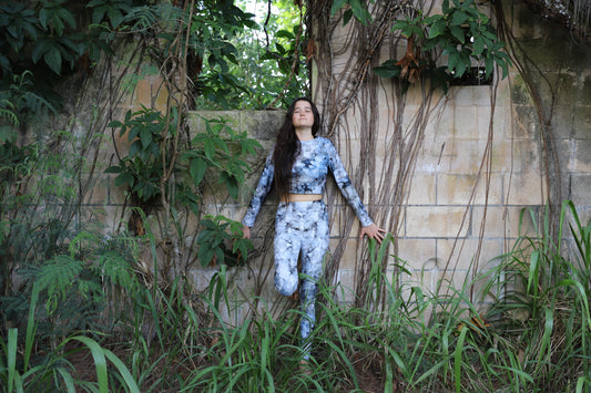 Smoky Quartz Crystal High Rise Leggings and Eco-friendly long sleeve crop top. Sparkle Style® Kauai, HI