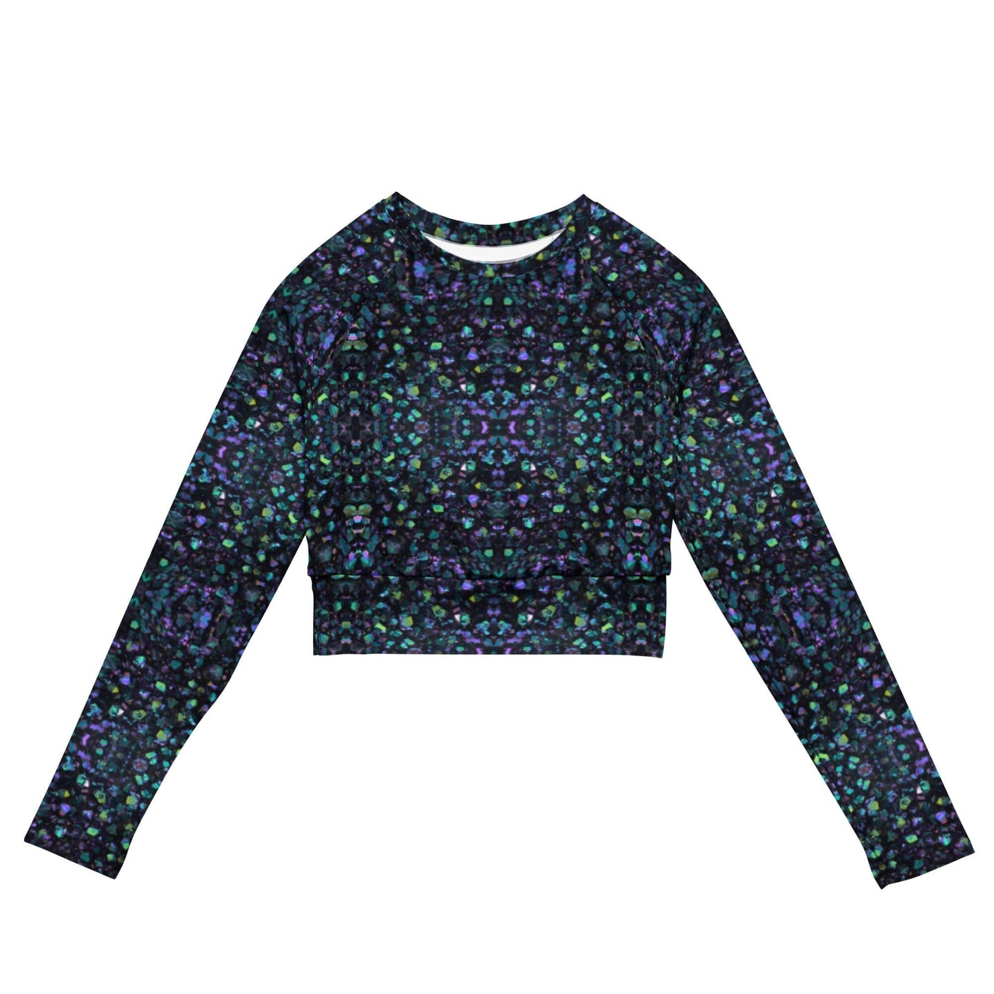 A close-up of a long-sleeve crop top made from recycled materials, featuring a stunning Quartz Druzy design photographed from tiny crystal clusters