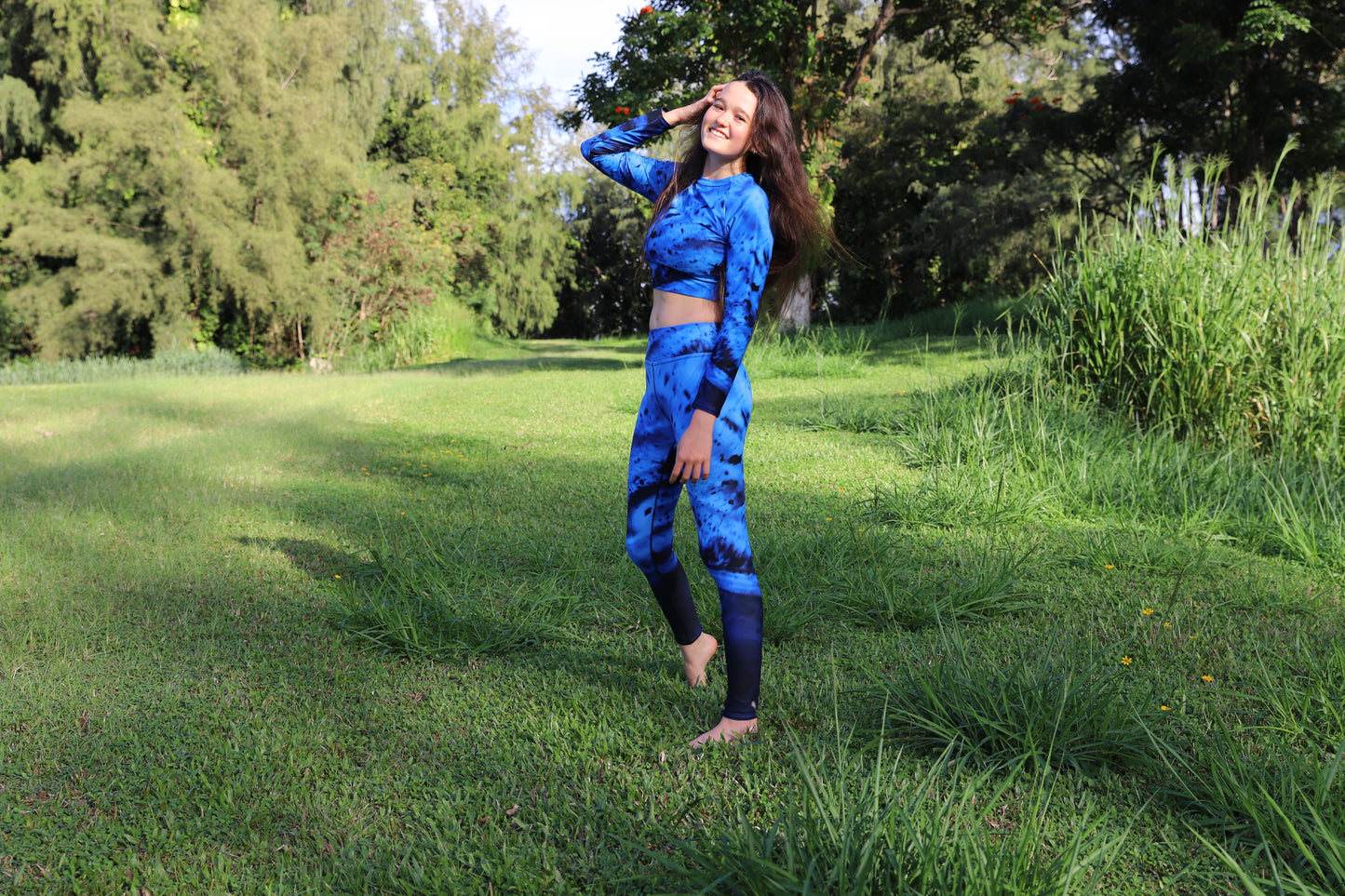 Sapphire Ice Sparkle Style Co. Long Sleeve Recycled Crop Top and High Rise Leggings. Kauai,HI