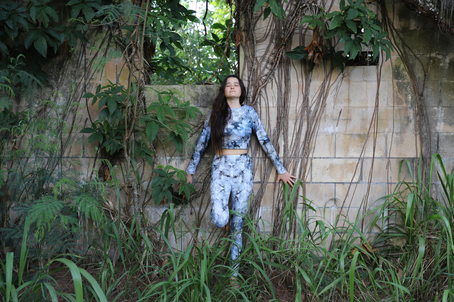 Smoky Quartz Crystal High Rise Leggings and Eco-friendly long sleeve crop top. Sparkle Style® Kauai, HI