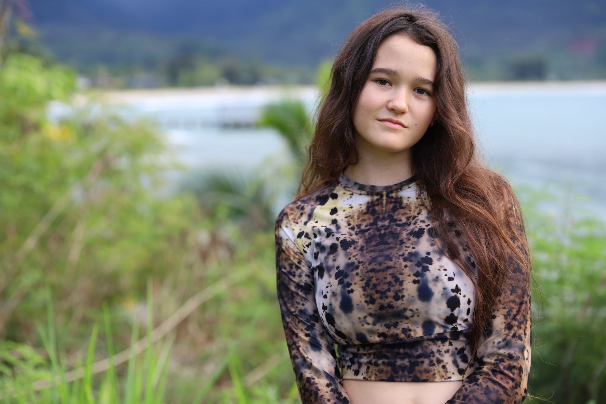 Earth-Kind, Crystal Aligned. Montana Agate Long Sleeve Crop Top. Wearable Art deigned from the images of Gemstones. (Hanalei, Kauai)