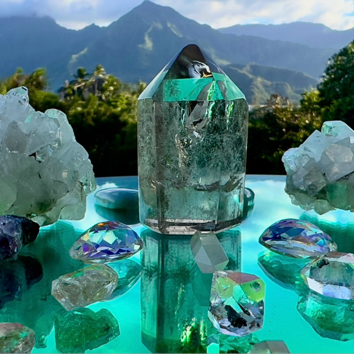 Sparkle Style Co. Platter of Gemstones and Crystals. Herkimer Diamonds, Rainbow Topaz, Tanzanite, Apophyllite, Pink Kuzite, Smoky Quartz Generator, Amazonite, Fluorite, Danburite, Clear Quartz, Elestial Quartz. Kauai, HI