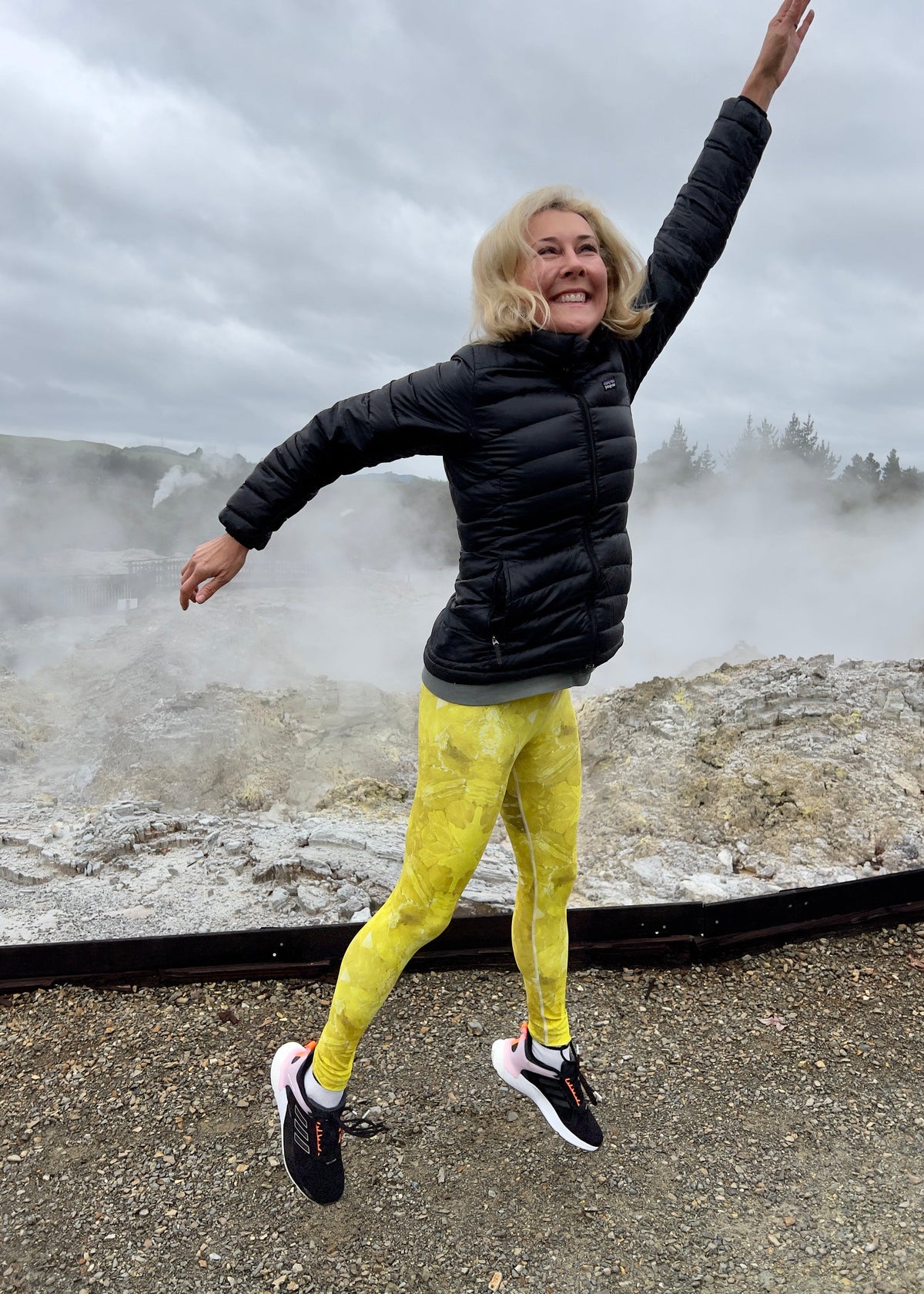 Brit Cooper wearing Sulfur Leggings from Sparkle Style Co. at Hell's Gate, a geothermal sulphur spa, Rotorua New Zealand